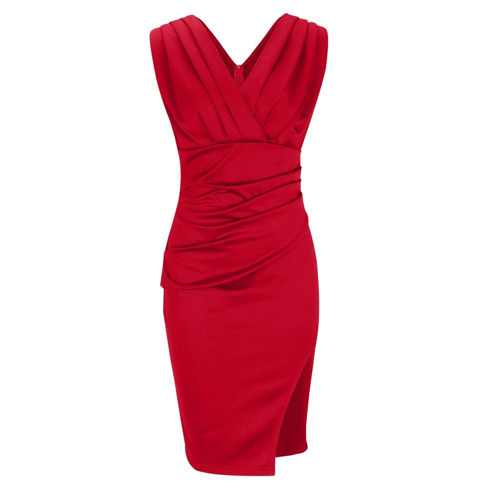 Abito rosso elegante senza maniche, con drappeggi e scollo a V, perfetto per serate e occasioni speciali. Vestito donna moda 2023.
