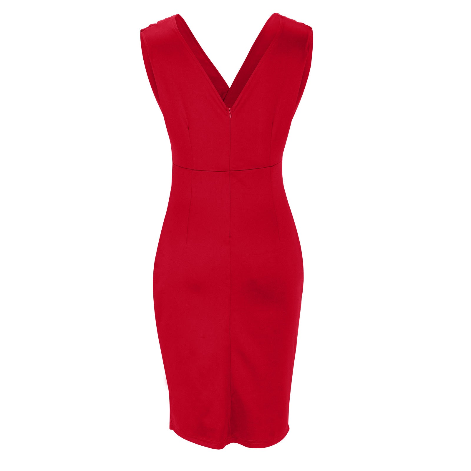 Abito rosso elegante senza maniche, scollo a V, taglio aderente, perfetto per serate e occasioni speciali. Moda donna, abbigliamento formale.