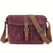 Borsa a tracolla in tela marrone e bordeaux, design vintage, con fibbia in metallo e cinghia regolabile. Ideale per uomo e donna.