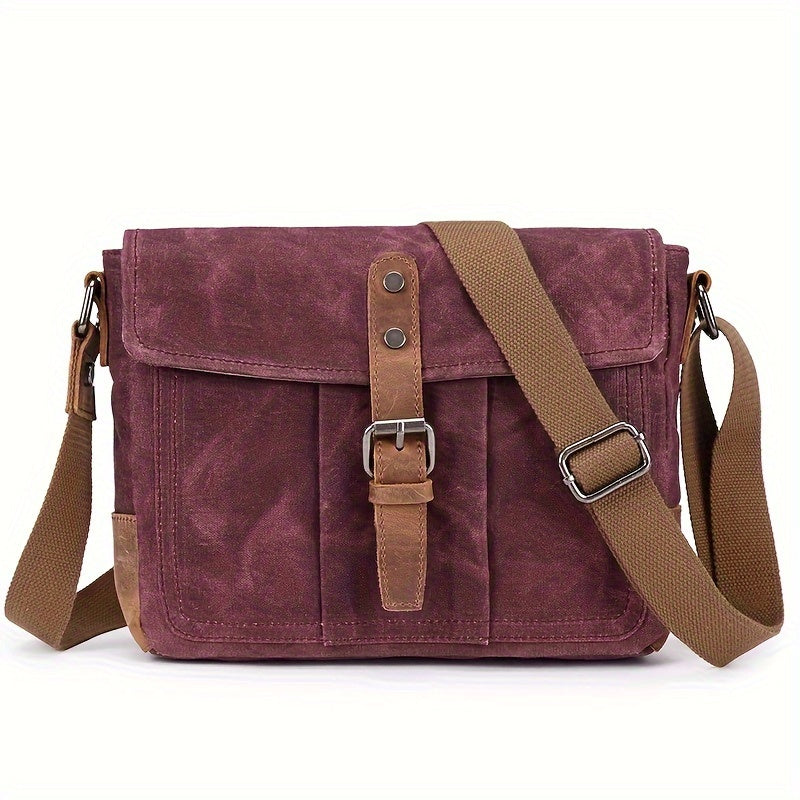 Borsa a tracolla in tela marrone e bordeaux, design vintage, con fibbia in metallo e cinghia regolabile. Ideale per uomo e donna.