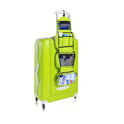 Valigia rigida verde con ruote, manico telescopico e organizer da viaggio appeso, contenente articoli da toeletta. Accessori viaggio pratici.