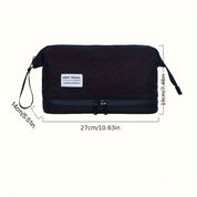 Borsa da viaggio nera con cerniera, etichetta "Light Travel", dimensioni 27x19x14 cm. Ideale per organizzare accessori da viaggio.