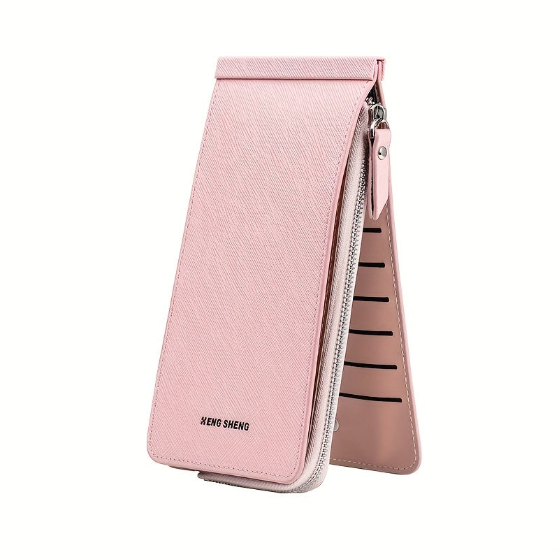 Portafoglio donna rosa in pelle sintetica, design elegante con chiusura a zip, scomparti multipli per carte e contanti, accessorio moda femminile.