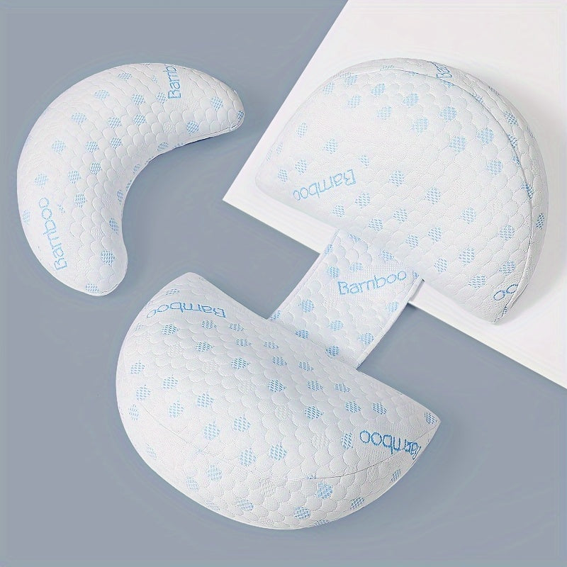 Cuscino ergonomico in memory foam con rivestimento in bambù, design a mezzaluna, supporto per gambe e ginocchia, ideale per dormire comodamente.