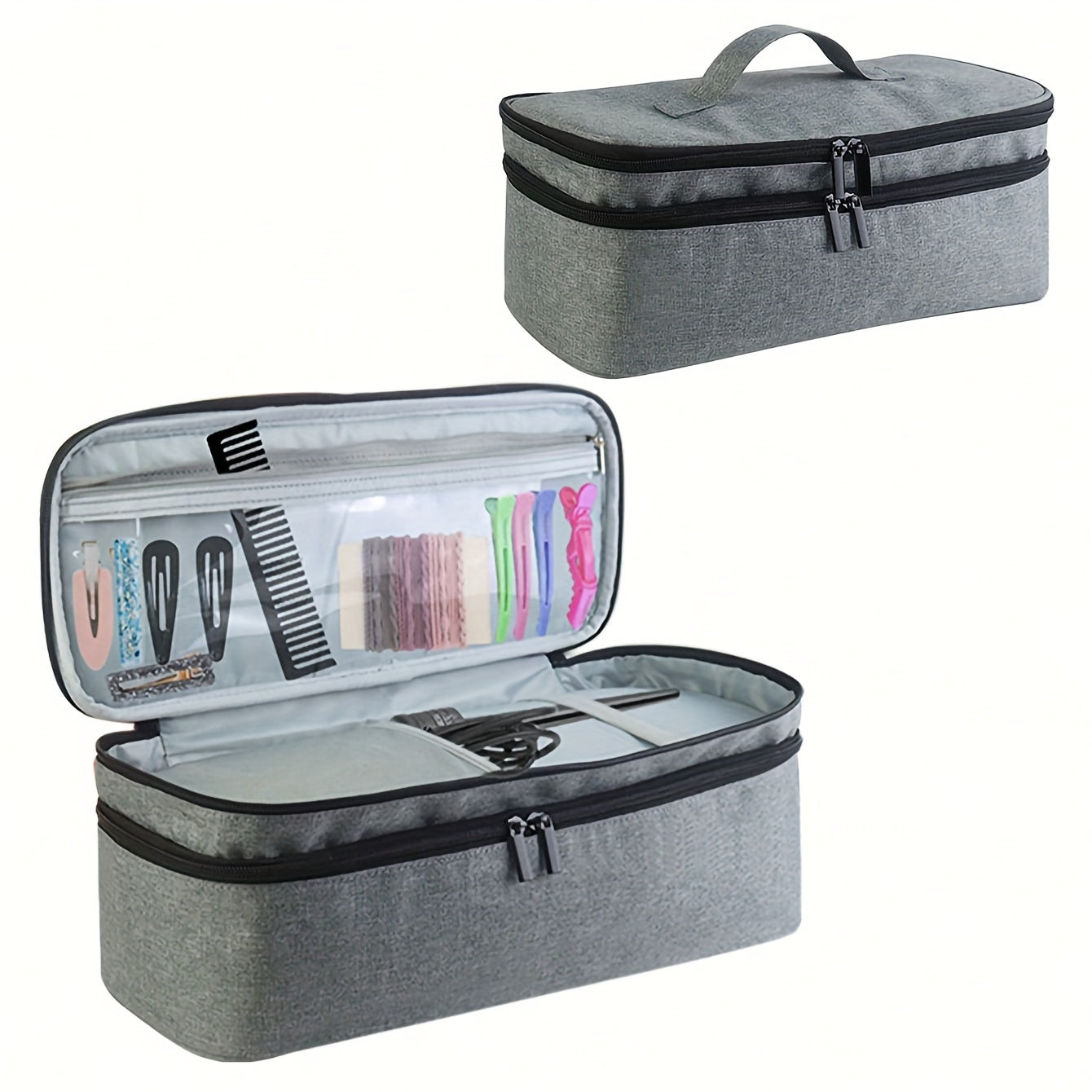 Borsa organizer grigia con cerniera, manico superiore, scomparti interni trasparenti per accessori capelli, ideale per viaggio e casa.