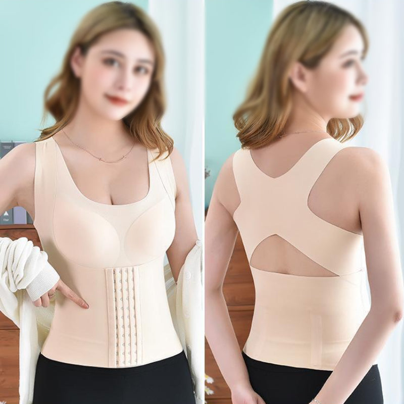Corsetto modellante beige per donna, doppia vista anteriore e posteriore, con chiusura a ganci, ideale per supporto e modellamento del corpo.