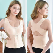 Corsetto modellante beige per donna, doppia vista anteriore e posteriore, con chiusura a ganci, ideale per supporto e modellamento del corpo.