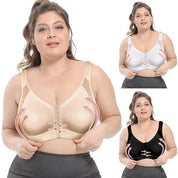 Reggiseno contenitivo donna taglie forti, senza ferretto, in tre colori: beige, bianco, nero. Design con chiusura frontale e supporto laterale.