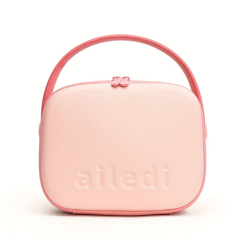 Borsa a tracolla rosa pastello in pelle, design compatto, marchio "ailedi" in rilievo, manico superiore, moda donna, accessorio elegante.