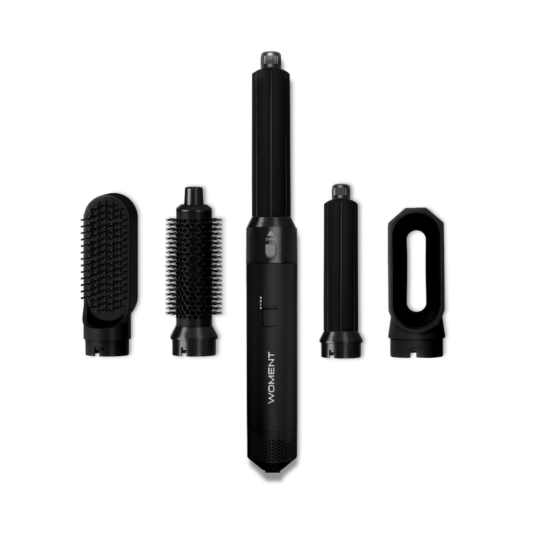 Set styler capelli nero con accessori intercambiabili: spazzola lisciante, spazzola rotonda, arricciacapelli, ideale per styling versatili.