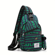 Zaino a tracolla verde e nero con scritta "MULANDAISHU", tasche multiple, design moderno, ideale per scuola e viaggio. Accessorio moda unisex.