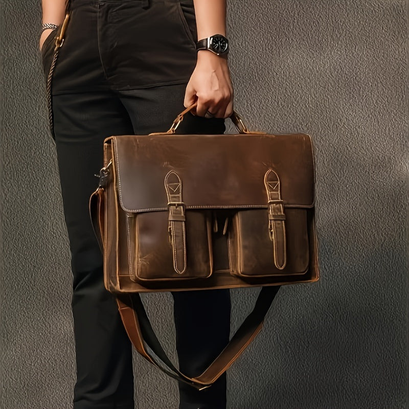Borsa a tracolla in pelle marrone vintage, con fibbie e tasche frontali, tenuta da una persona. Elegante accessorio moda uomo.