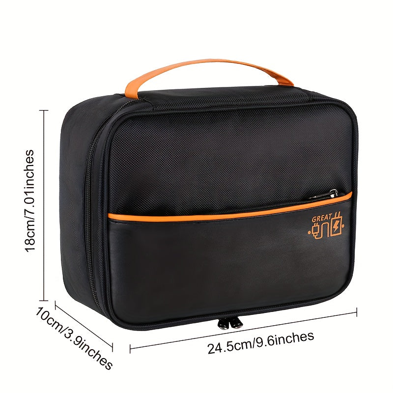 Borsa organizer nera con manico arancione, tasca frontale e cerniera. Dimensioni: 24,5x18x10 cm. Ideale per viaggi e accessori elettronici.