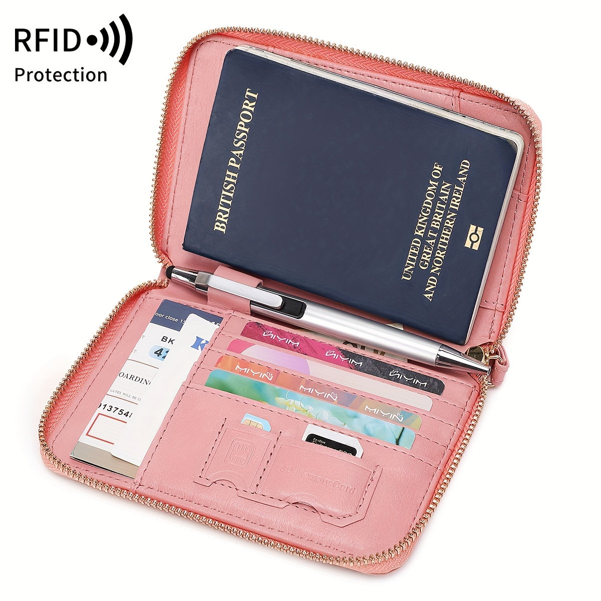 Portafoglio da viaggio rosa con protezione RFID, contiene passaporto, carte di credito e penna. Ideale per organizzare documenti di viaggio.