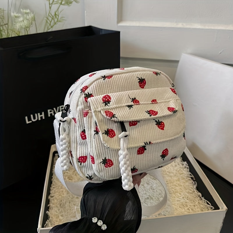Zainetto bianco a coste con stampa fragole rosse, tasche multiple e spallacci regolabili, ideale per moda casual e accessori femminili.