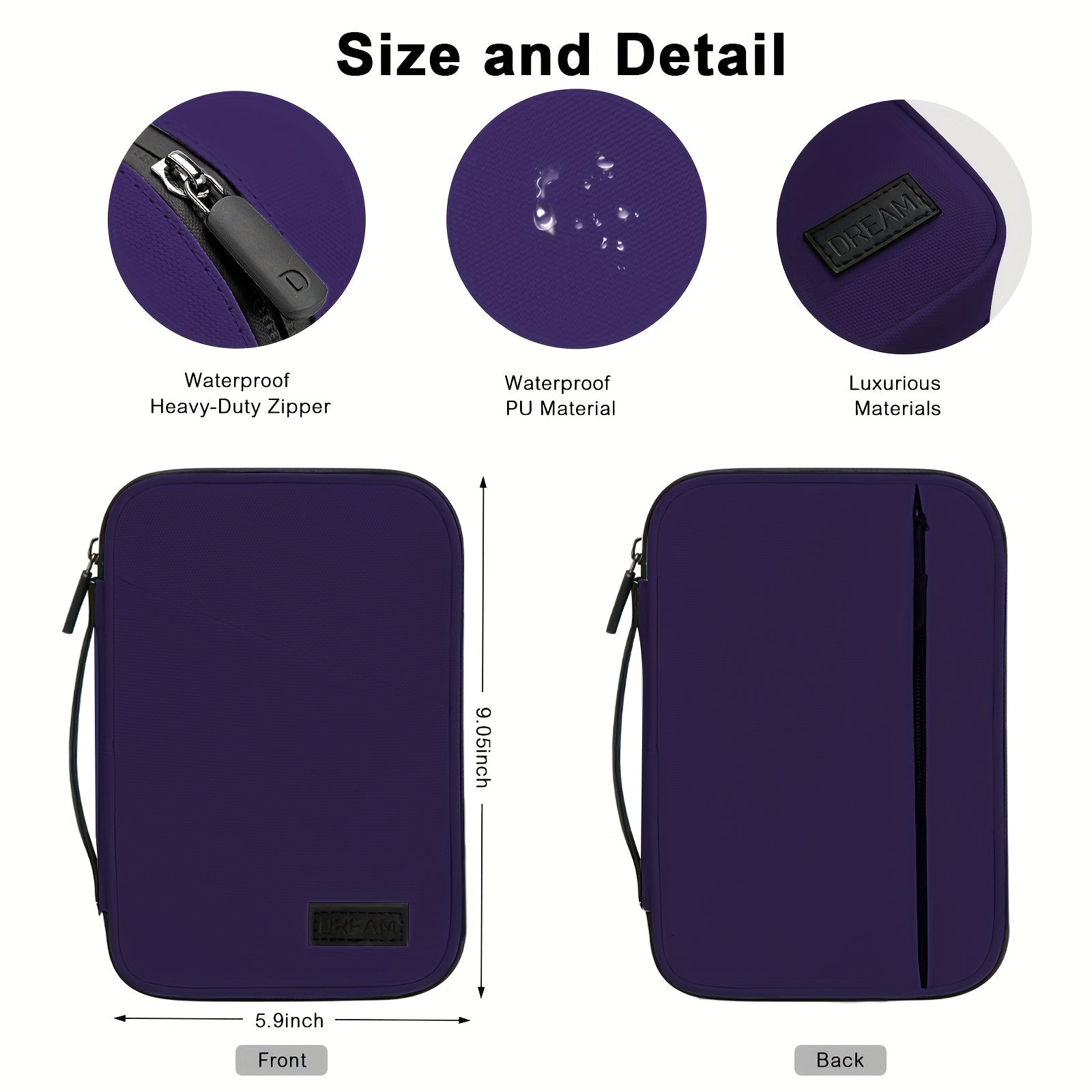 Custodia viola impermeabile con cerniera robusta, materiale PU, dimensioni 9,5x5,9 pollici. Ideale per protezione dispositivi elettronici.