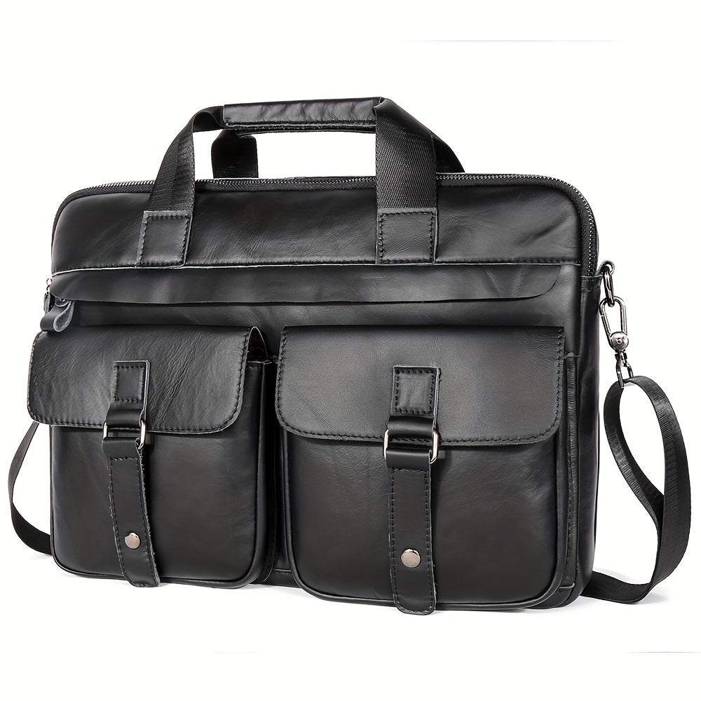 Borsa ventiquattrore in pelle nera con tracolla regolabile, doppie tasche frontali con fibbie, ideale per lavoro e ufficio.