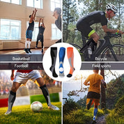 Calze sportive a compressione per basket, ciclismo, calcio e sport all'aperto. Design ergonomico, traspirante, ideale per prestazioni atletiche.