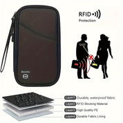 Custodia portafoglio RFID in tessuto impermeabile, protezione antifurto, materiale multistrato, ideale per sicurezza carte di credito e documenti.