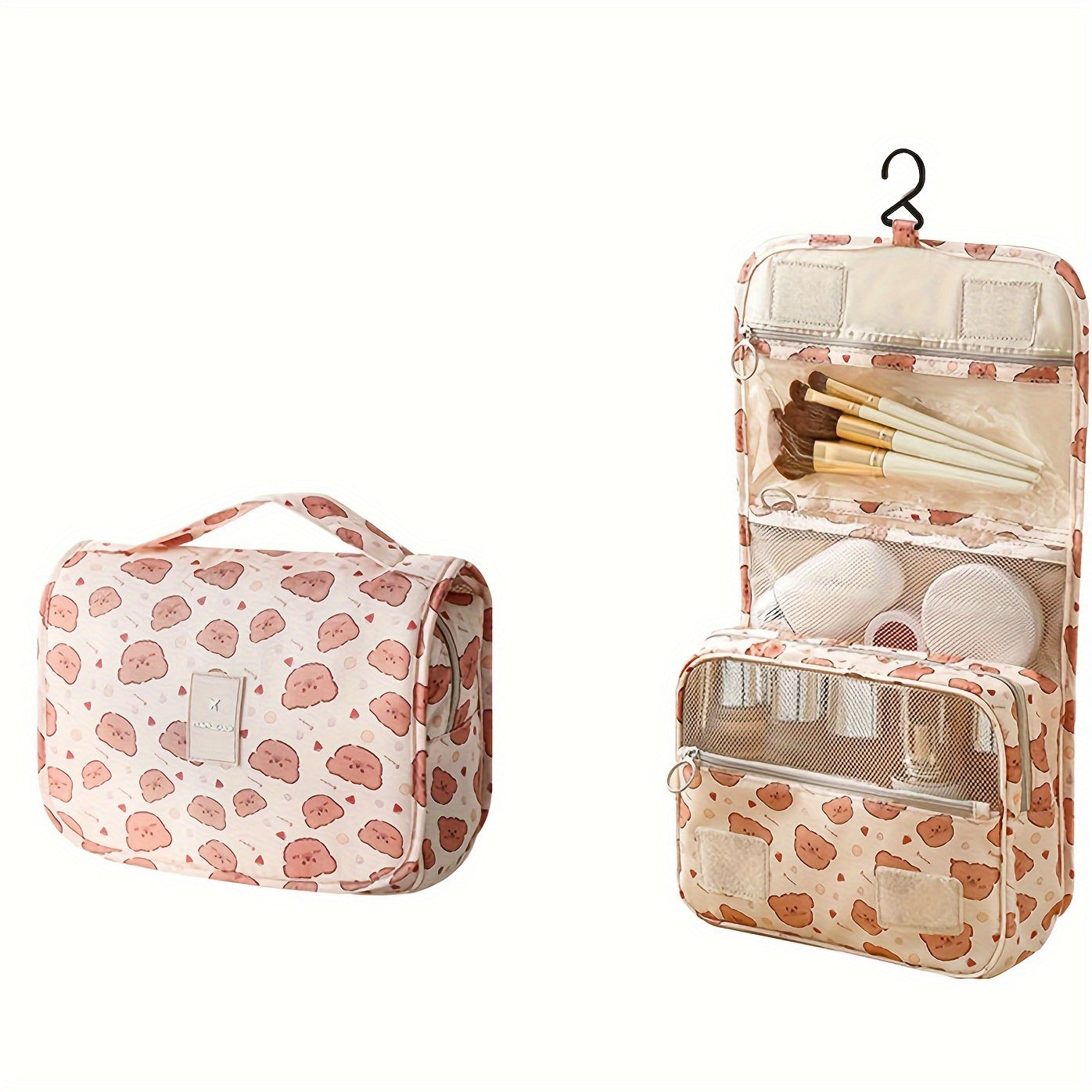 Borsa da toilette appesa, motivo rosa con ganci, tasche multiple, ideale per viaggi, organizzazione cosmetici e accessori bagno.
