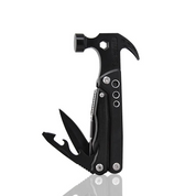 Martello multifunzione nero con coltello, cacciavite e apribottiglie integrati. Strumento compatto per campeggio e fai-da-te.