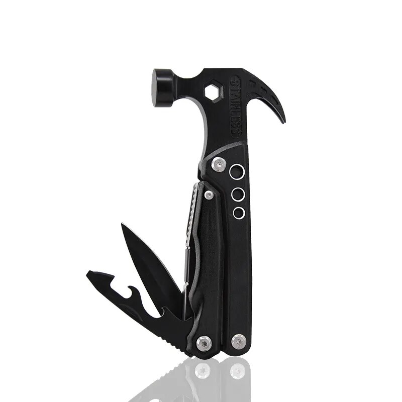 Martello multiuso nero con coltello, apribottiglie e cacciavite integrati. Strumento compatto per campeggio e fai-da-te. Accessorio versatile e portatile.