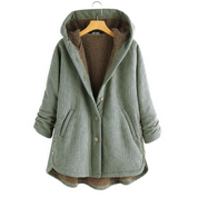 Cappotto donna invernale verde con cappuccio, fodera in pelliccia sintetica, motivo a quadri, chiusura a bottoni, tasche laterali.