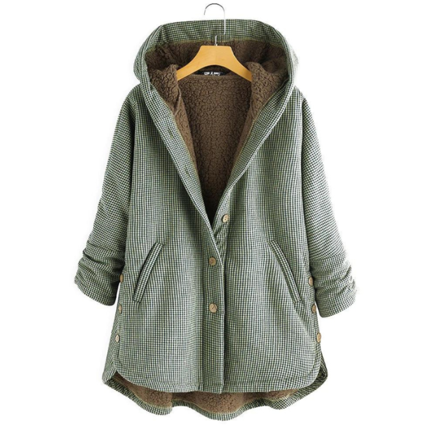 Cappotto donna invernale verde con cappuccio, fodera in pelliccia sintetica, motivo a quadri, chiusura a bottoni, tasche laterali.