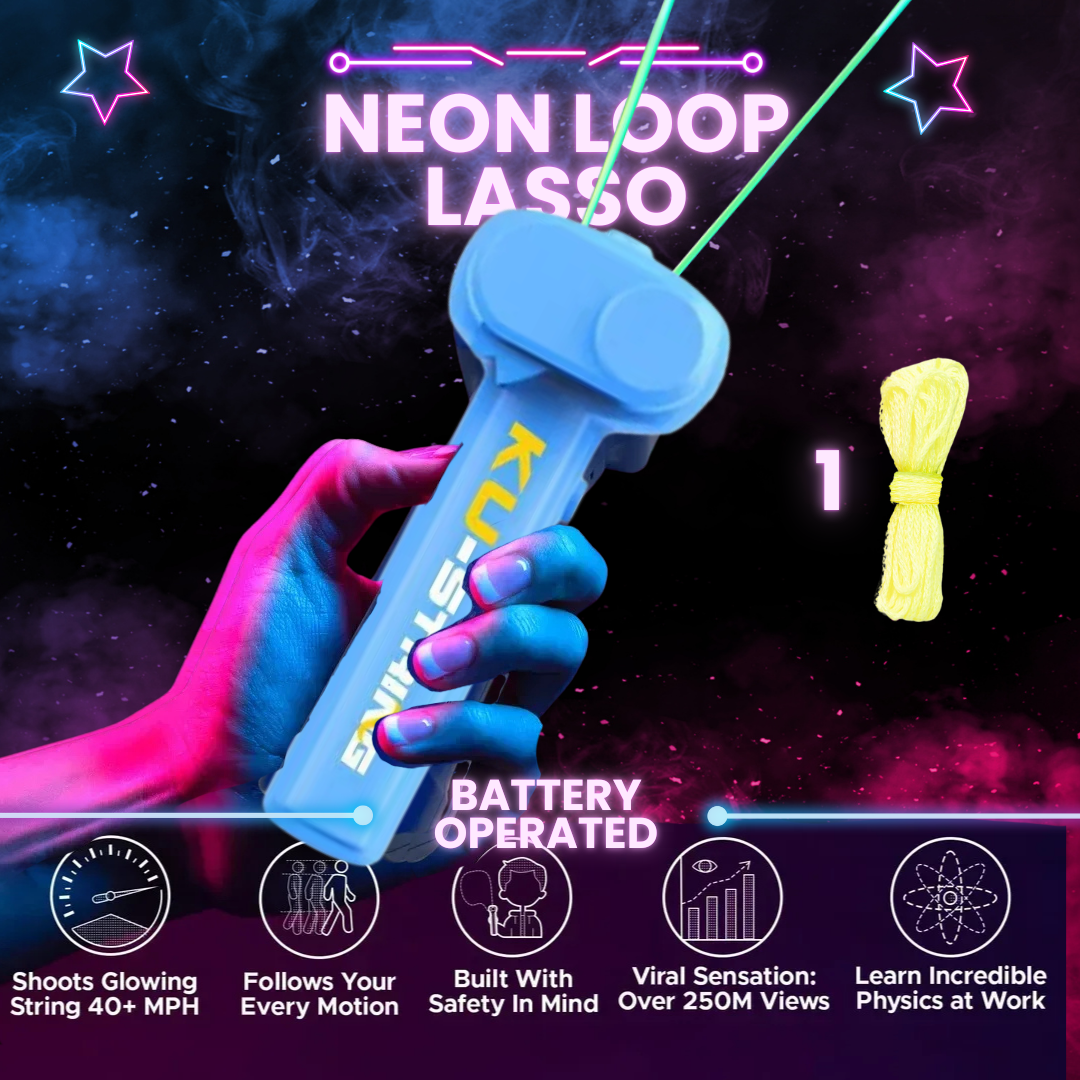 Giocattolo Neon Loop Lasso blu, batteria inclusa, con corda luminosa gialla. Perfetto per giochi interattivi e apprendimento fisica.