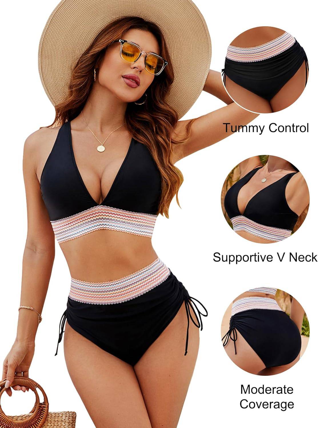 Donna in bikini nero a vita alta con controllo addominale, scollo a V, copertura moderata, indossa cappello e occhiali da sole, moda mare estiva.