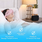 Donna che utilizza un massaggiatore oculare rosa a letto, con icone che evidenziano i benefici del dispositivo per il sollievo dal dolore.