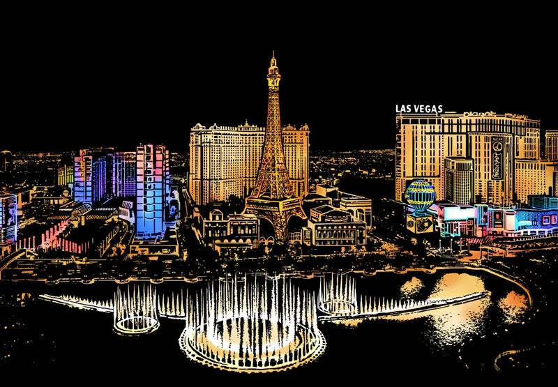Las Vegas Strip di notte con fontane illuminate, hotel iconici e la Torre Eiffel del Paris Las Vegas. Skyline vibrante e colorato.