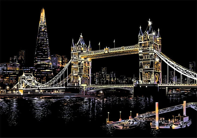 Illustrazione notturna del Tower Bridge e The Shard a Londra, riflessi sul Tamigi. Architettura iconica, skyline urbano, luci brillanti.