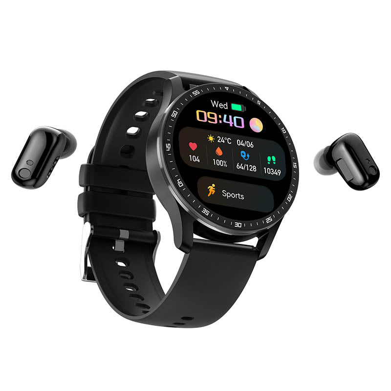 Orologio smart nero con display a colori, cinturino regolabile e auricolari wireless. Monitoraggio attività, notifiche, compatibile Android e iOS.