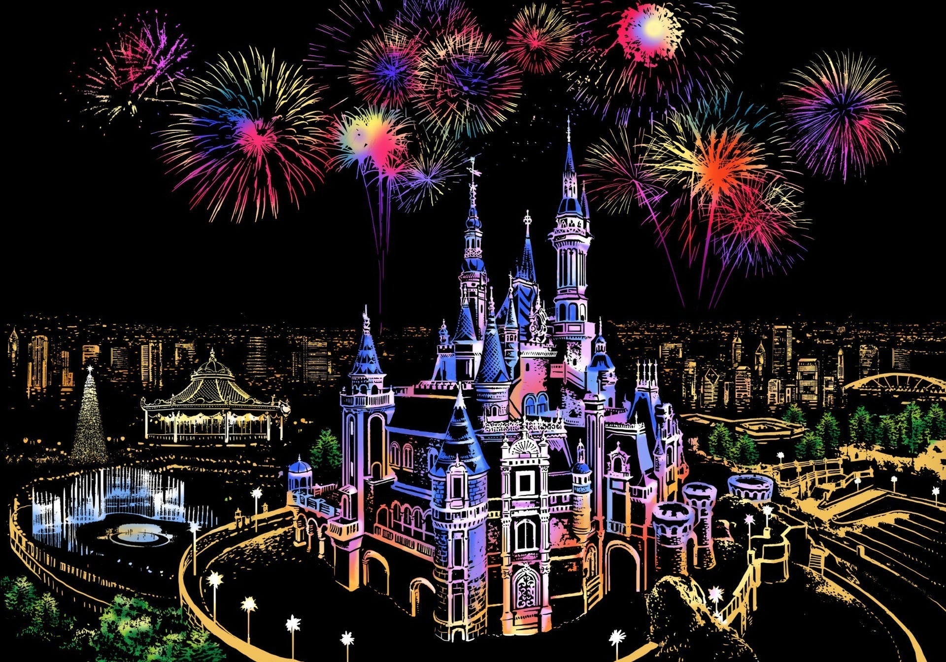 Castello incantato con fuochi d'artificio colorati sullo sfondo, parco divertimenti notturno, luci brillanti, atmosfera magica, skyline cittadino.