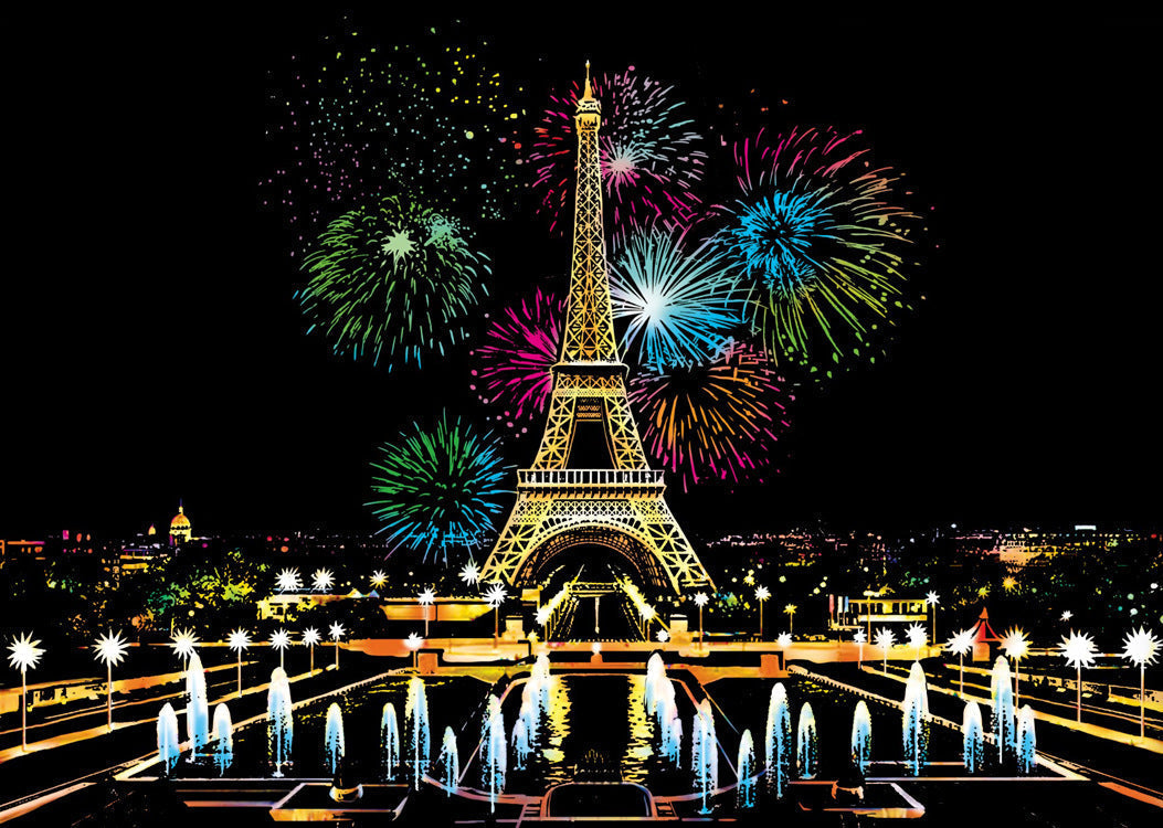 Torre Eiffel illuminata di notte con fuochi d'artificio colorati sullo sfondo, Parigi. Turismo, attrazione iconica, spettacolo pirotecnico.
