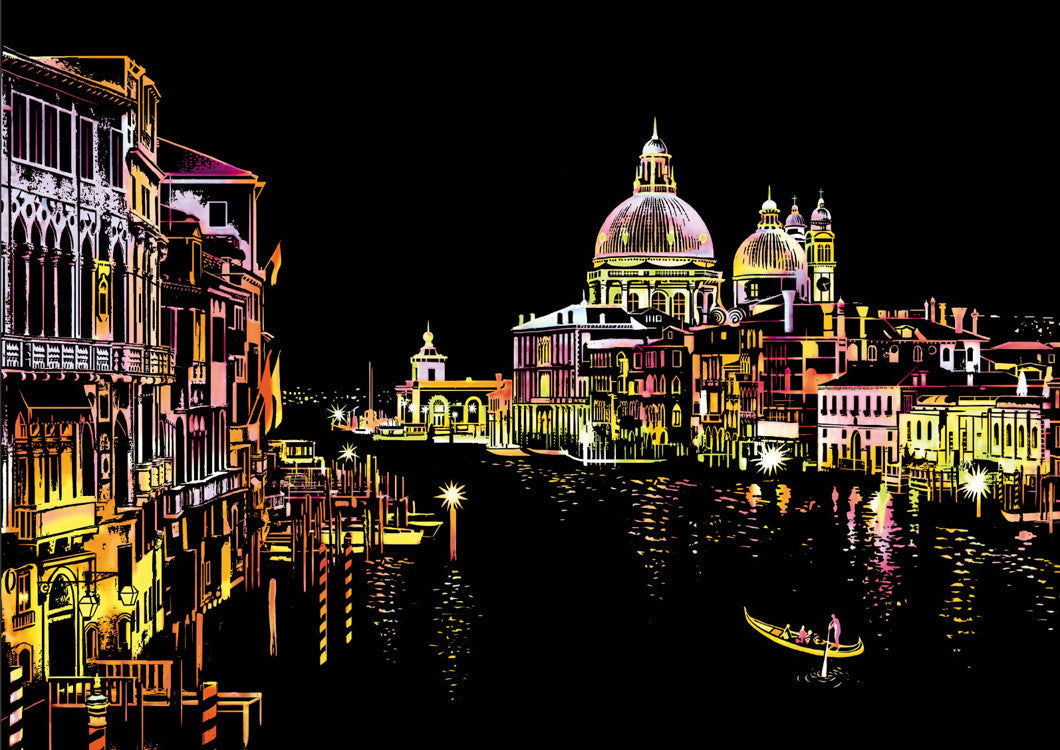 Illustrazione notturna di Venezia con gondola sul Canal Grande, Basilica di Santa Maria della Salute illuminata, architettura storica, arte digitale.