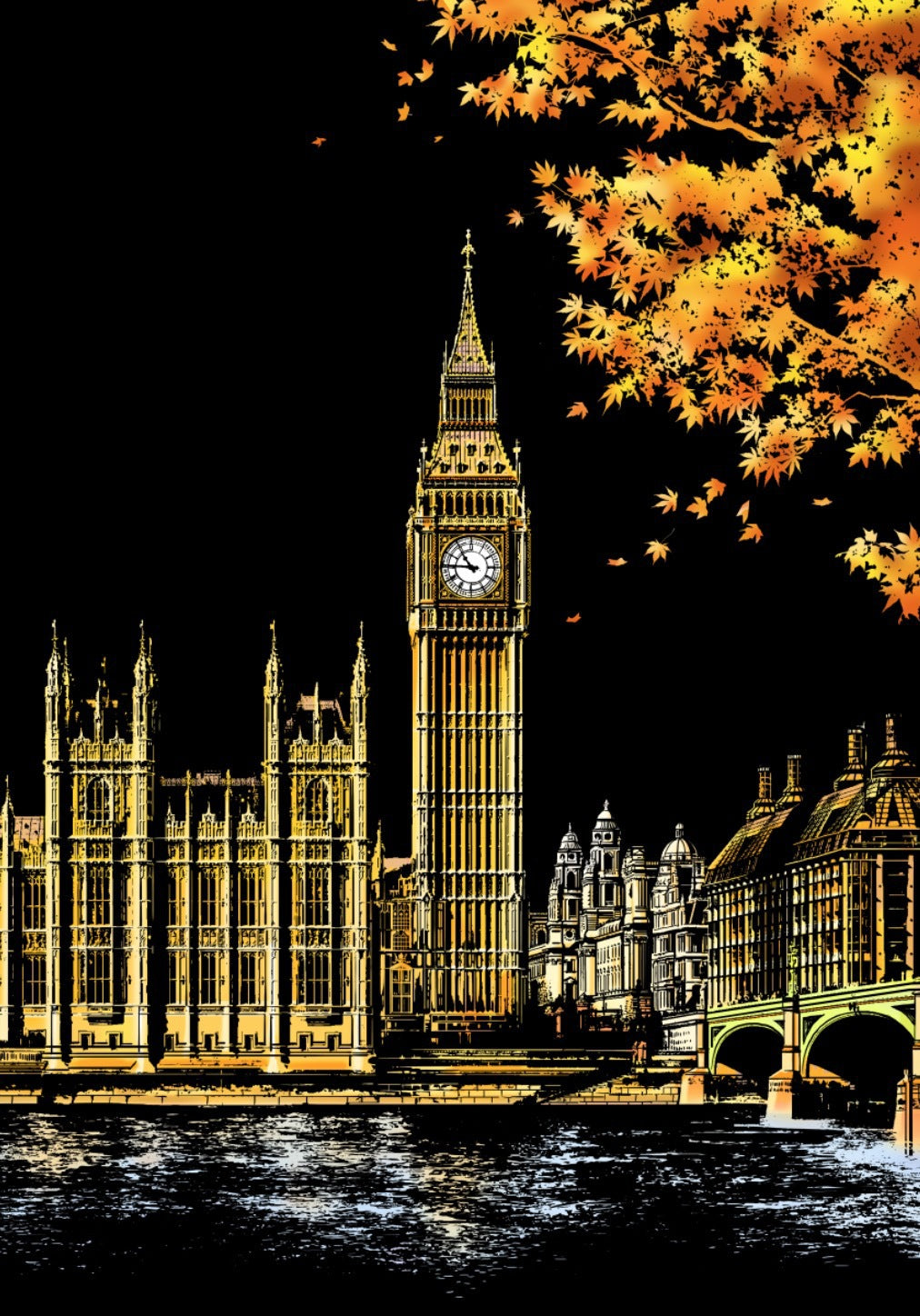 Torre del Big Ben a Londra con foglie autunnali, illuminata di notte. Icona turistica, architettura storica, paesaggio urbano suggestivo.