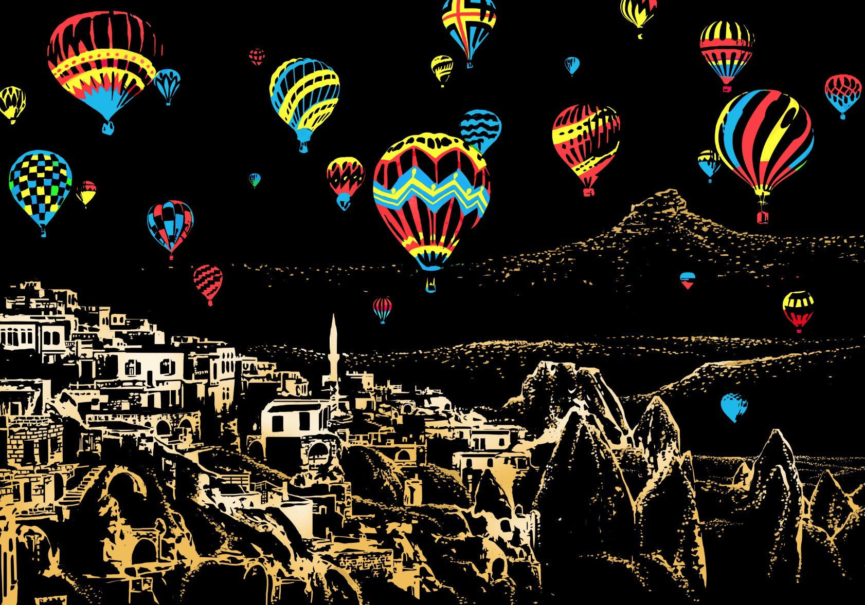 Mongolfiere colorate volano sopra paesaggio notturno di Cappadocia, Turchia. Scena suggestiva con cielo stellato e formazioni rocciose uniche.