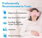 Donna che indossa maschera per occhi rosa, ideale per emicrania, affaticamento visivo, borse sotto gli occhi, insonnia, stress e ansia.