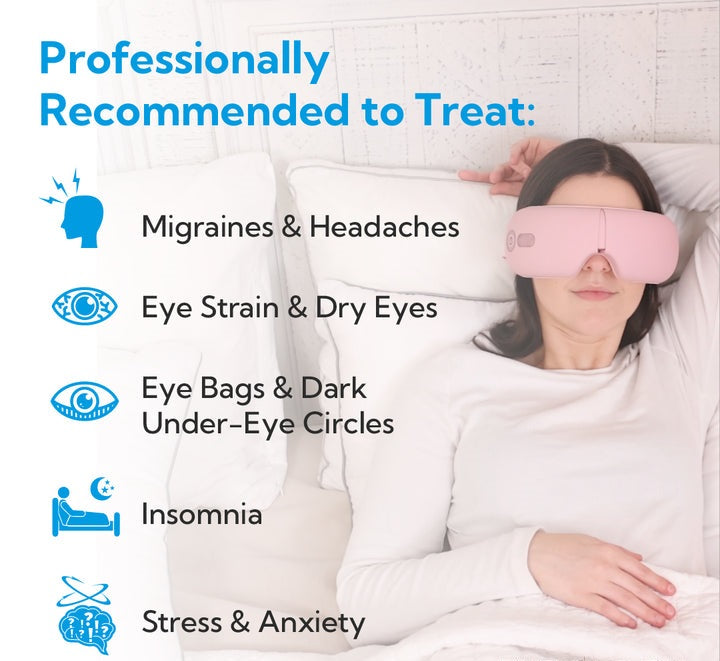 Donna che indossa maschera per occhi rosa, ideale per emicrania, affaticamento visivo, borse sotto gli occhi, insonnia, stress e ansia.