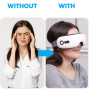 Donna con mal di testa senza e con massaggiatore oculare elettrico. Sollievo dal dolore, benessere, tecnologia per il relax visivo.