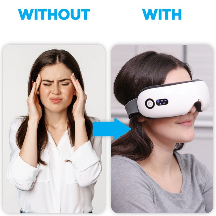 Donna con mal di testa senza e con massaggiatore oculare elettrico. Sollievo dal dolore, benessere, tecnologia per il relax visivo.