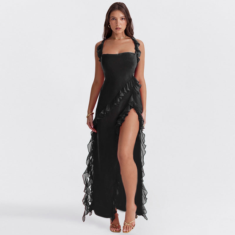 Elegantissimo Vestito Lungo Giorgia con Volant e Sottile Apertura
