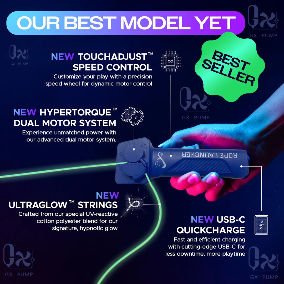 Nuovo modello di lancia corde GX Pump, con controllo velocità TouchAdjust, sistema motore Hypertorque, corde Ultraglow e ricarica rapida USB-C.