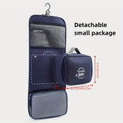 Organizer da viaggio blu con gancio, tasche trasparenti e borsa staccabile. Ideale per cosmetici e accessori. Dimensioni: 23.5x14x5 cm.