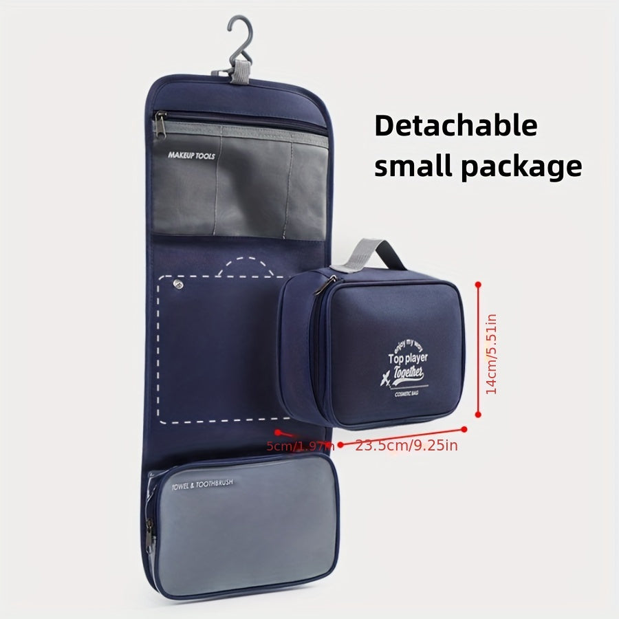 Organizer da viaggio blu con gancio, tasche trasparenti e borsa staccabile. Ideale per cosmetici e accessori. Dimensioni: 23.5x14x5 cm.