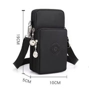 Borsa a tracolla nera in nylon impermeabile, dimensioni 19x10x5 cm, con cerniere multiple e logo circolare. Ideale per uomo e donna.