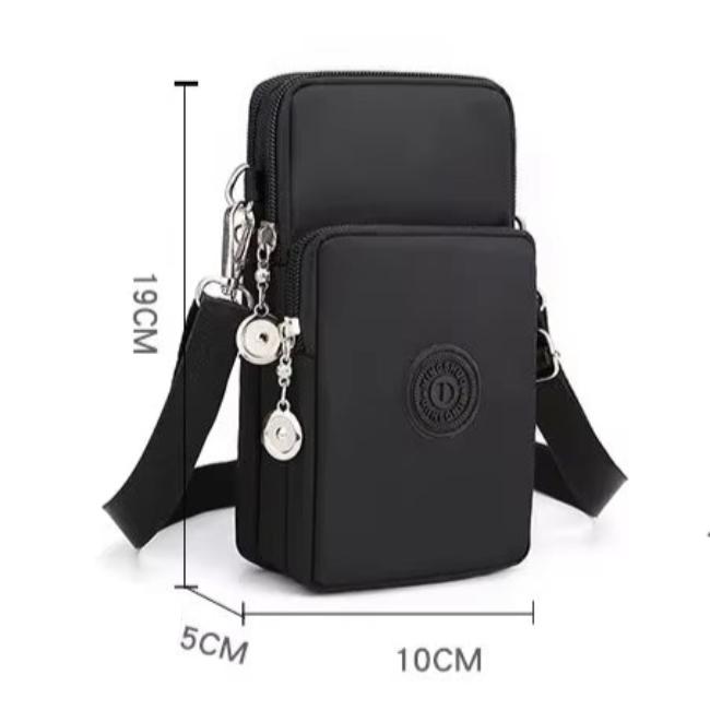 Borsa a tracolla nera in nylon impermeabile, dimensioni 19x10x5 cm, con cerniere multiple e logo circolare. Ideale per uomo e donna.