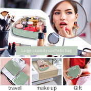 Borsa cosmetica verde grande capacità, ideale per viaggi e trucco. Include pennelli, rossetti e specchio. Perfetta come regalo.